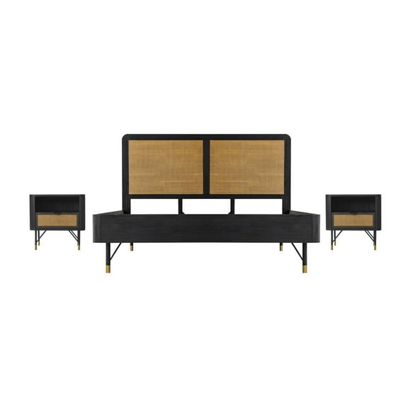 King Bedroom Set Black Acacia Wood Rattan 3 Piece Bed Nightstands