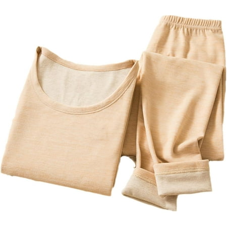 Women Winter Wool And Silk Thermal Underwear Set Double Fleece Long Sleeve Top Pants