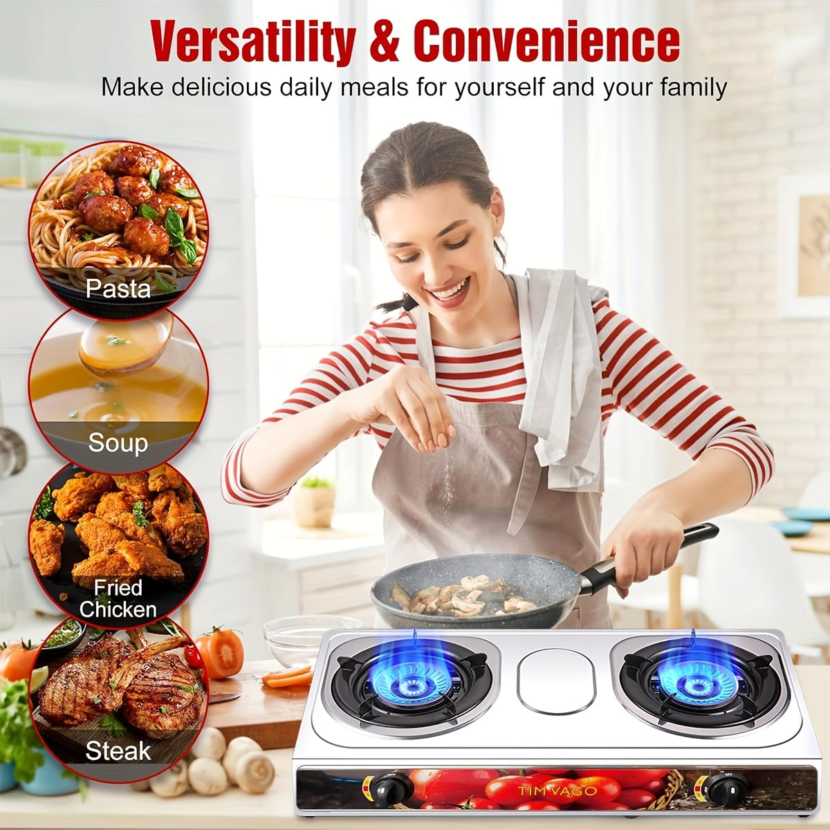Portable 2 Burner Propane Gas Stove, Stainless Steel Camping Stove with Auto Ignition, Outdoor Cooking Stove with Regulator Hose