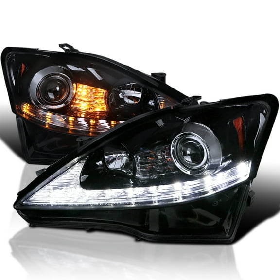 Spec-D Tuning Glossy Black Smoke Projector Headlights w/ Sequential LED Compatible with 2006-2010 Lexus IS250 IS350, Left Right Pair Headlamps Assembly