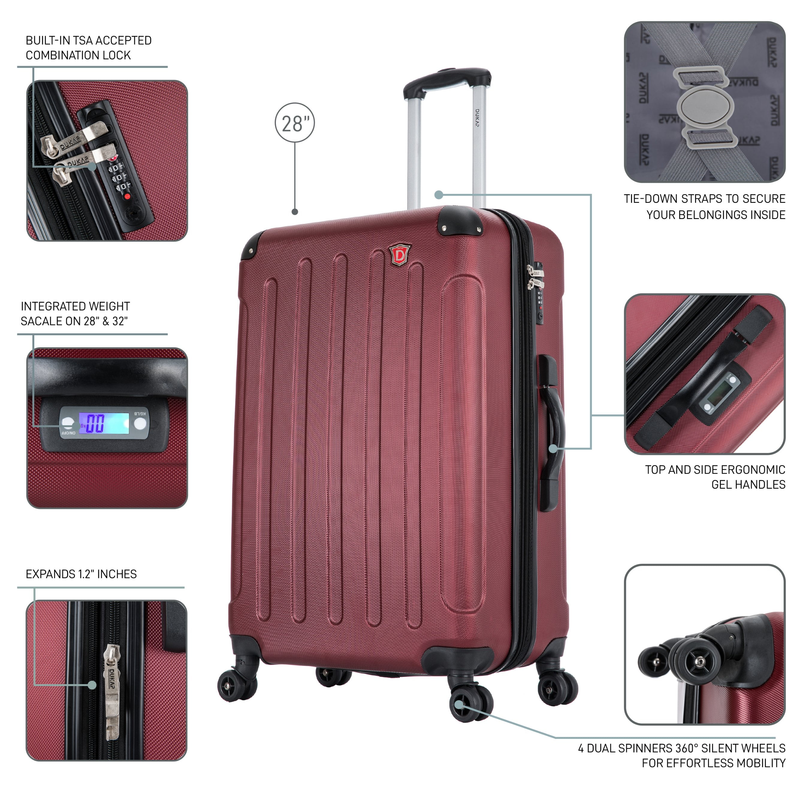 DUKAP Intely 28" Hardside Lightweight Luggage with Spinner Wheels and Integrated Weight Scale, Wine
