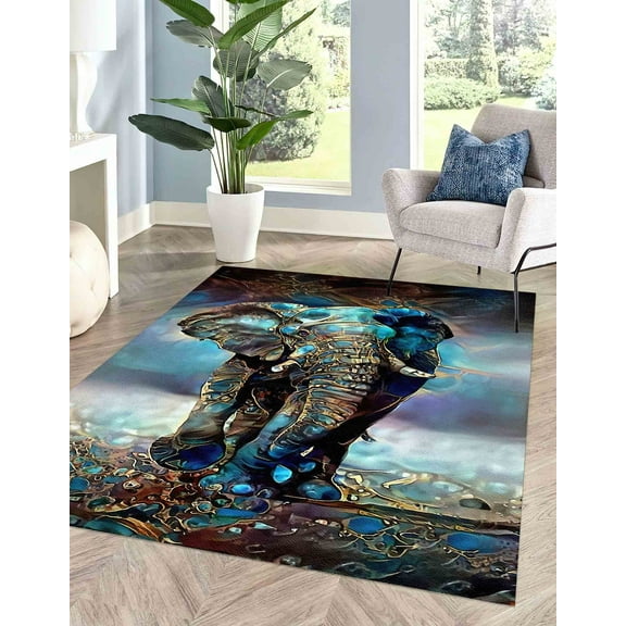 Blue Tones Rug, Elephant Rugs, Farmhouse Rugs, Corridor Rugs, Animal Rug, Abstract Elephant Rug, Office Decor Rugs, Easy to Clean Rug, 2.6'x9.2' - 80x280 cm