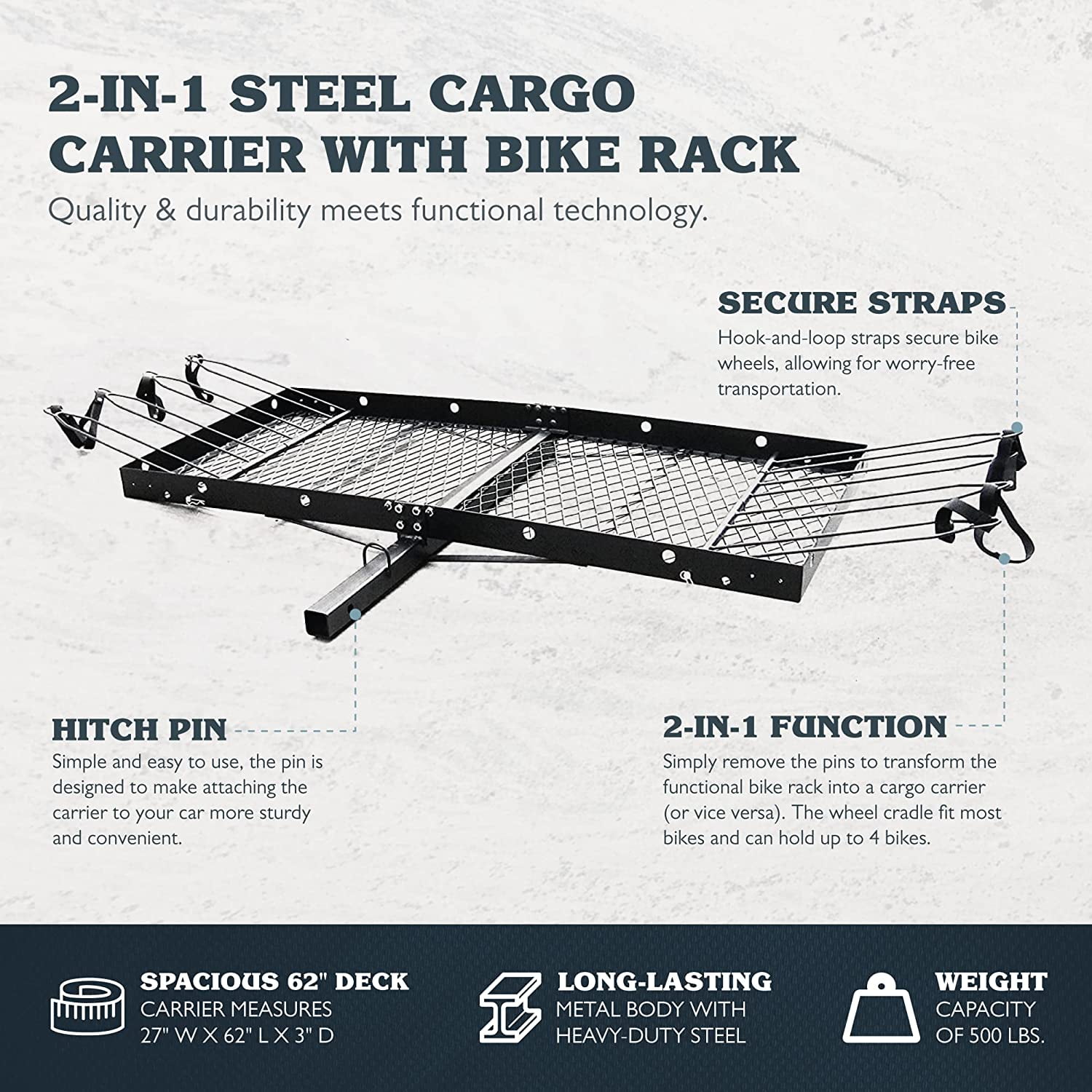 Tow Tuff 62 Inch Steel Cargo Carrier and Bike Rack Hitch Car Vehicle Bicycle Mount Hauler Fits 2 Inch Receivers Walmart