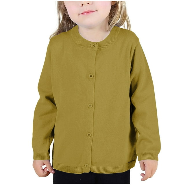 Économies d'Automne! HVOBTTY Cardigan à Manches Longues Ouvert pour Filles, Cardigan à Col Rond pour Filles Uni à Manches Longues avec Boutons, Chandail d'Uniforme pour Petites Filles Jaune, 5 Ans