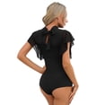 thumbnail image 4 of Zaldita Women Gymnastics Leotard Bodysuit Ruffle Mesh Short Sleeve Modern Latin Dance Tops Black S, 4 of 7