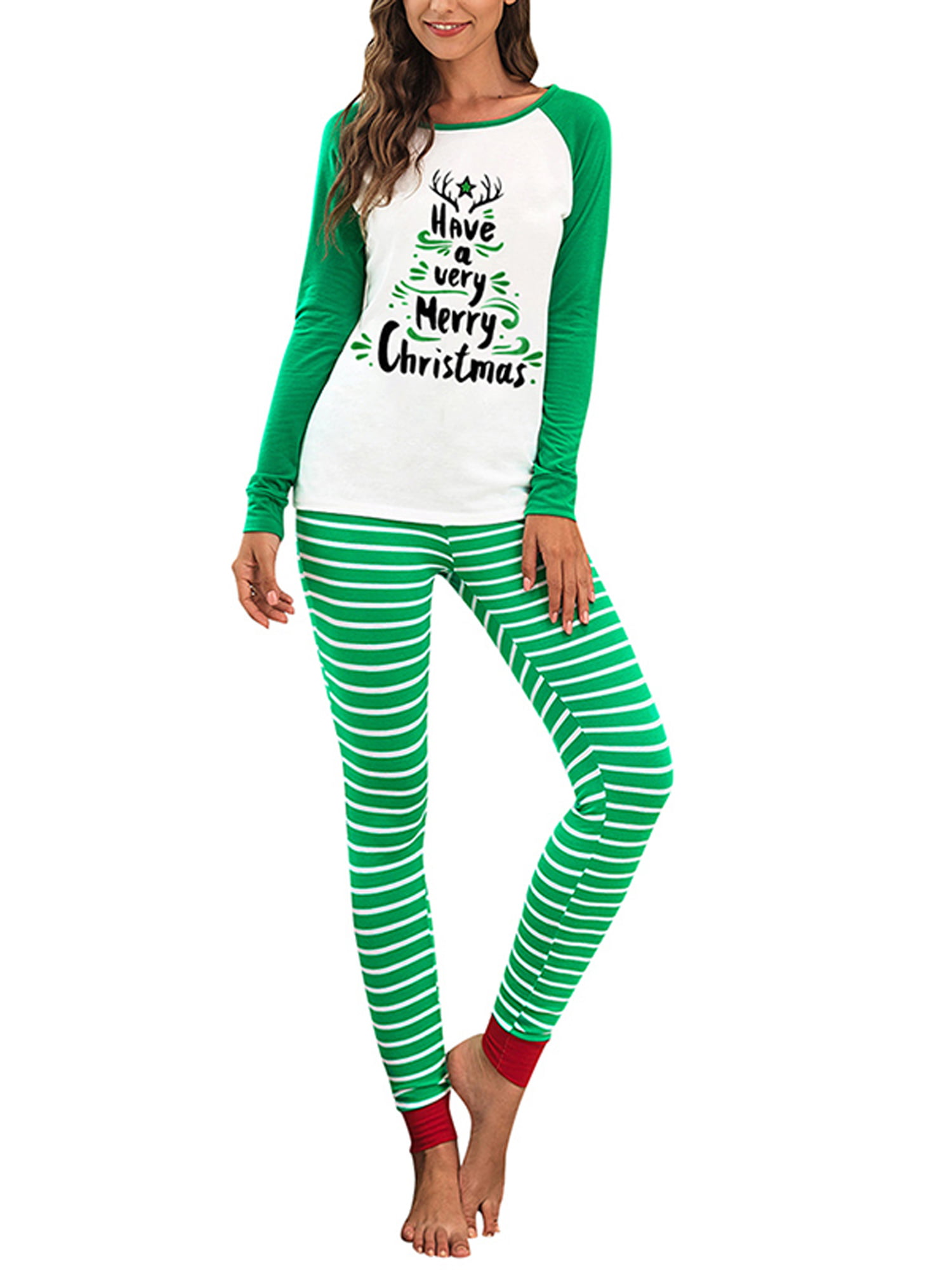 Wodstyle - Womens Christmas Pajamas Set Xmas Long Sleeve Top + Striped ...