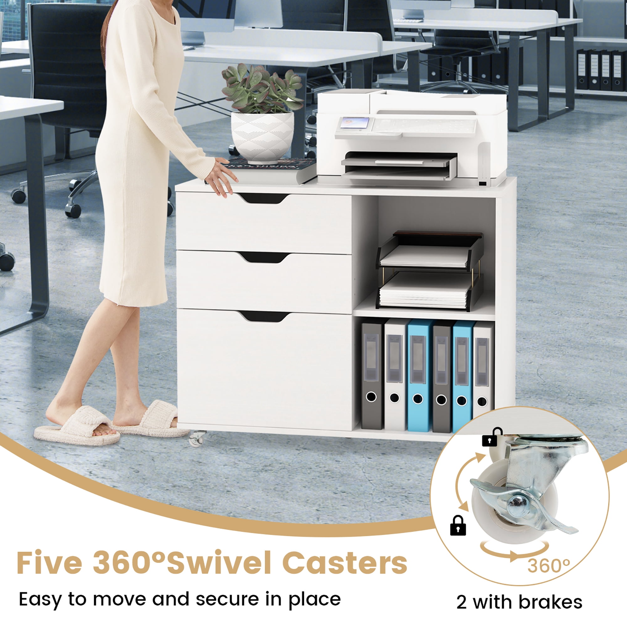 Gymax 3-Drawer Mobile File Cabinet w/ Open Adjustable Storage Shelf for Home Office White