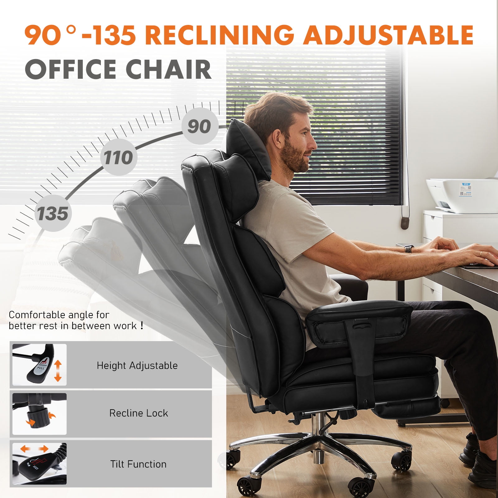 GIANNA Executive Home Office Desk Chair Ergonomic Big Tall High Back with Footrest & Lumbar Support, Reclining Height Adjustable Comfy PU Leather Computer Gaming with Swivel Wheels, Black