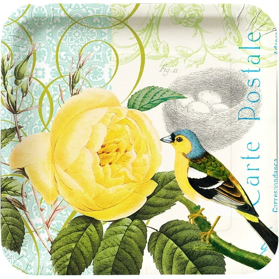 Floral Yellow Rose & Bird Wedding Bridal Shower Large 9.25" Square Disposable Party Plate - Pack of 8