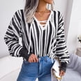 thumbnail image 5 of Womens Fall Fashion 2022! QLEICOM Sweaters for Women, Women's Fashion Autumn Winter Long Sleeve Stripe Contrasting Lantern Sleeve V-Neck Sweater Tops On Clearance, 5 of 5