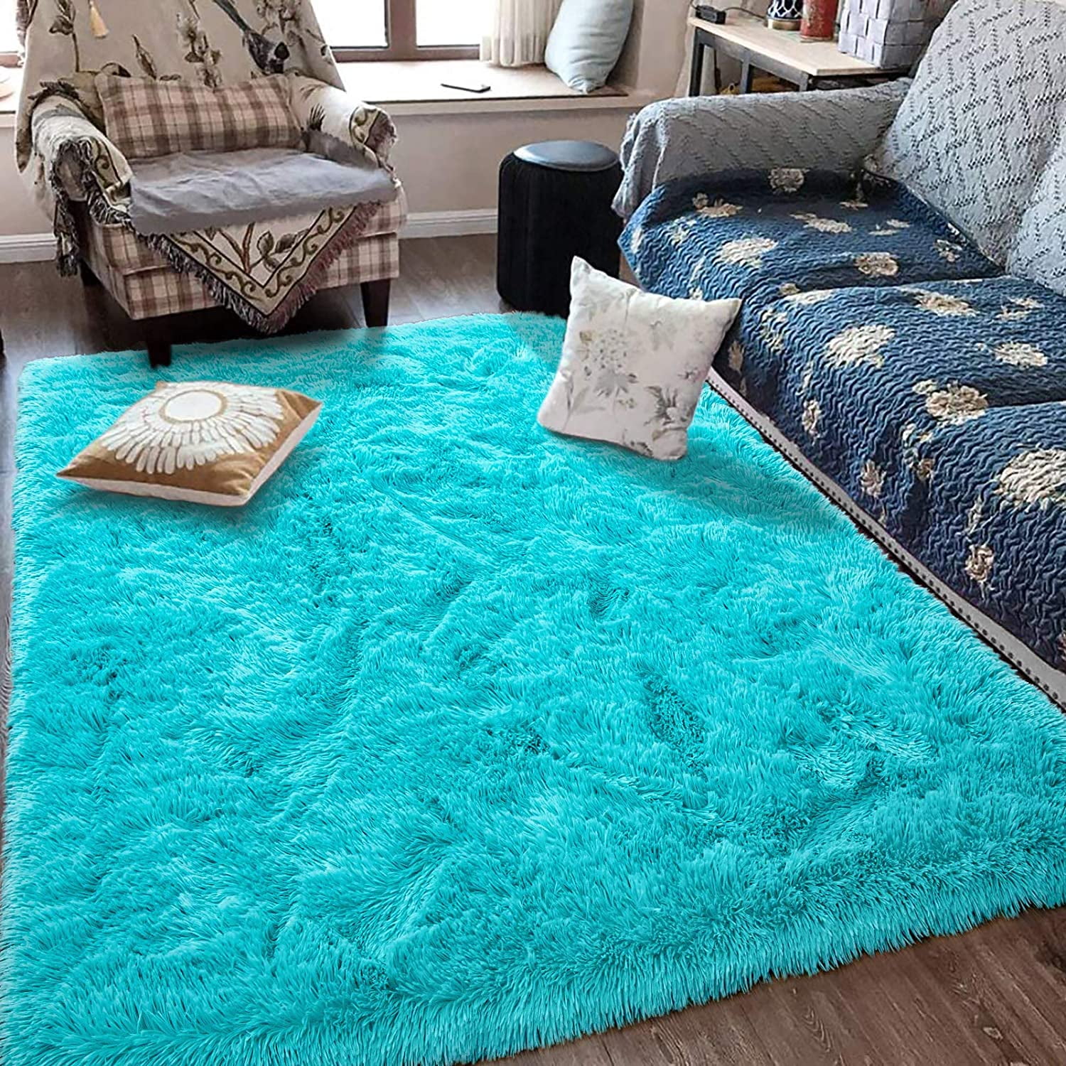 Navy Blue Area Rug for Bedroom,4'X6',Fluffy Shag Rug for Living Room,Furry Carpet for Kids Room,Shaggy Throw Rug for Nursery Room,Fuzzy Plush Rug,Indigo Carpet,Rectangle,Cute Room Decor for Baby 