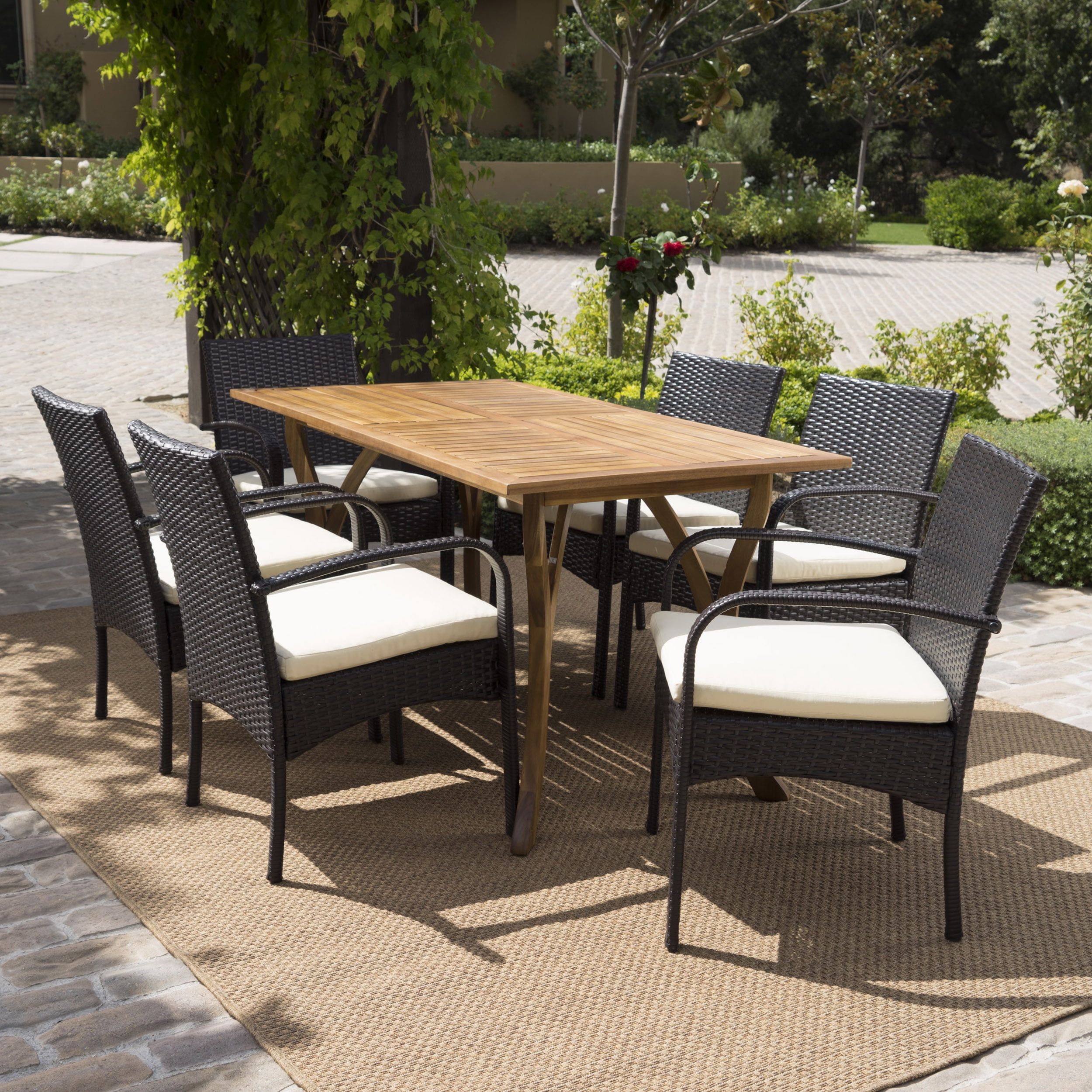 Caraga 7 Piece Outdoor Wicker and Acacia Wood Dining Set with Cushions, Multibrown, Creme