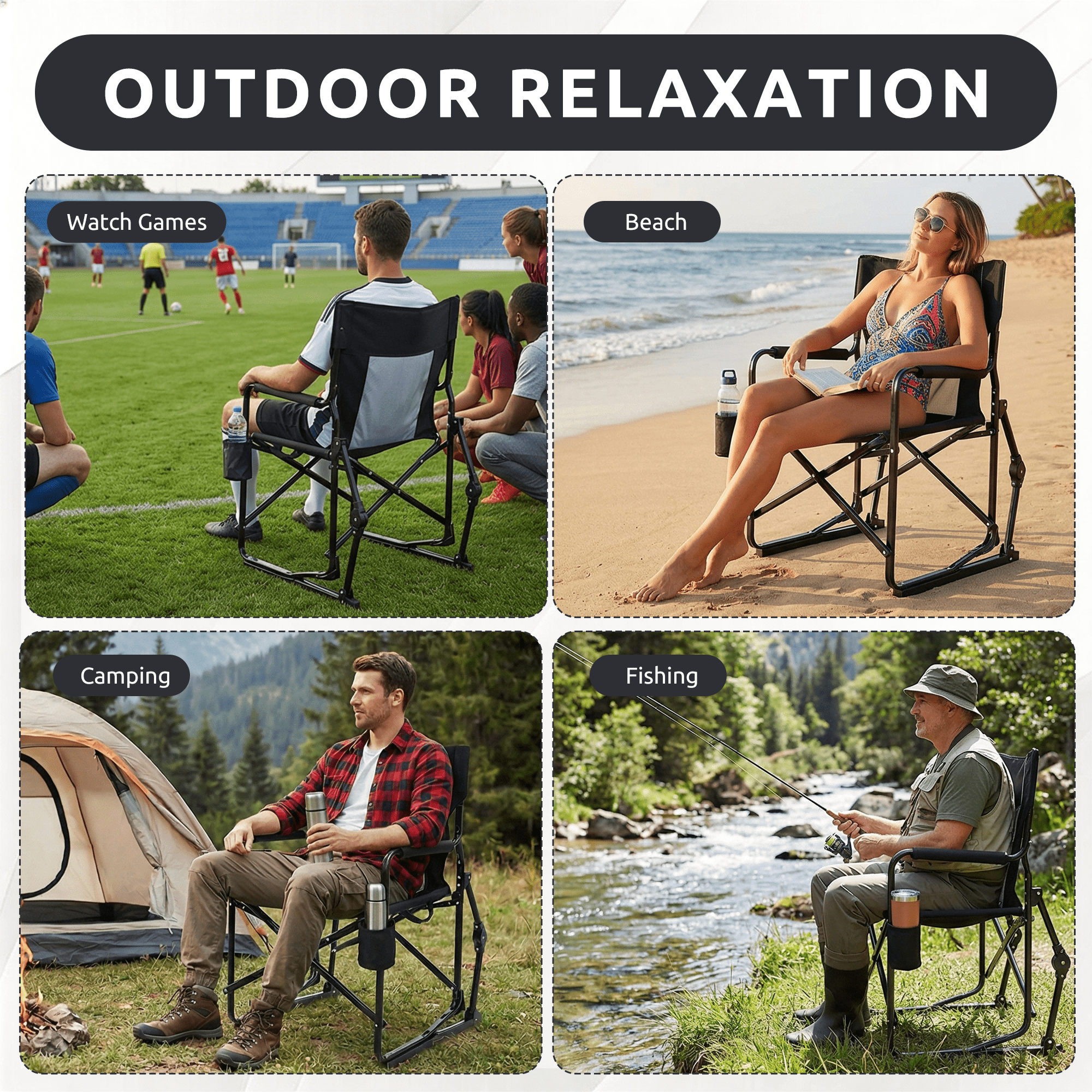 LIFERECORD Outdoor Rocker Camping Chair, Portable Folding Rocking Chair Waterproof Cup Holder, Mesh Back for Patio Beach Sports Events