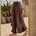 thumbnail image 5 of Cotton Linen Pants Women Summer Wide Leg Smocked Waist Ruffle Hem Palazzo Pants Boho Flowy Beach Vacation Pant Coffee L, 5 of 8
