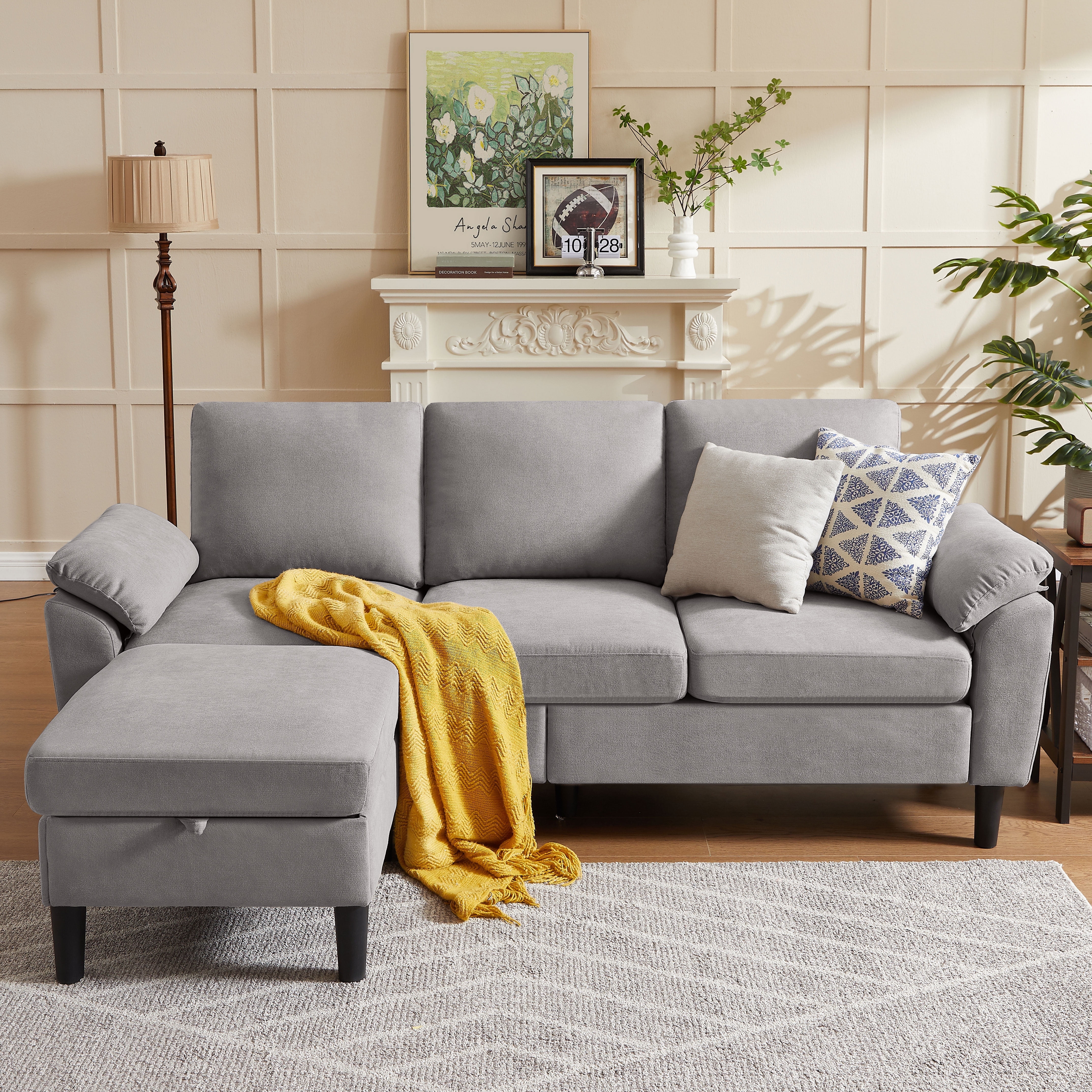 Jarenie 80" Convertible Sectional Sofa, Small L Shaped 3 Seat Couch with Reversible Storage Chaise, Modern Polyester Fabric Sofa Couches for Living Room, Apartment and Small Space, Lightgrey