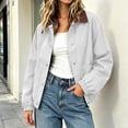 thumbnail image 2 of Women's Vintage Contrast Lapel Collar Bomber Jacket Elastic Cuffs Hem Loose Fit Cropped Jacket Fall Winter Casual Cargo Coat with Pocket White, 2 of 6