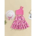 thumbnail image 4 of Bagilaanoe 3Pcs Little Girls Summer Skirt Set Sleeveless One Shoulder Tank Tops + Floral Skirt + Hat 3T 4T 5T 6T 7T Kids Casual Outfits, 4 of 9