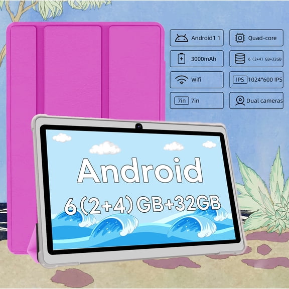 Android Tablet 7 inch Tablets with Case, 6GB RAM 32GB ROM 1TB Expand, Quad-Core Processor Tablet PC, 1024 x 600 IPS Screen, Dual Camera, 3000mAh Battery, Bluetooth, WiFi, GMS,Pink