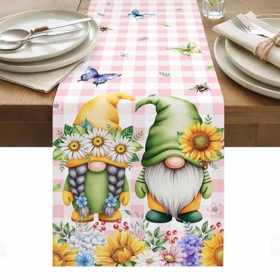 Sunflowers Table Runner - 36 Inch Long, Kitchen Dining Table Runner Dresser Scarves, Spring Gnomes Hydrangea Daisy Flowers Pink Plaid Farmhouse Decor for Coffee Tables Wedding Party Banquet