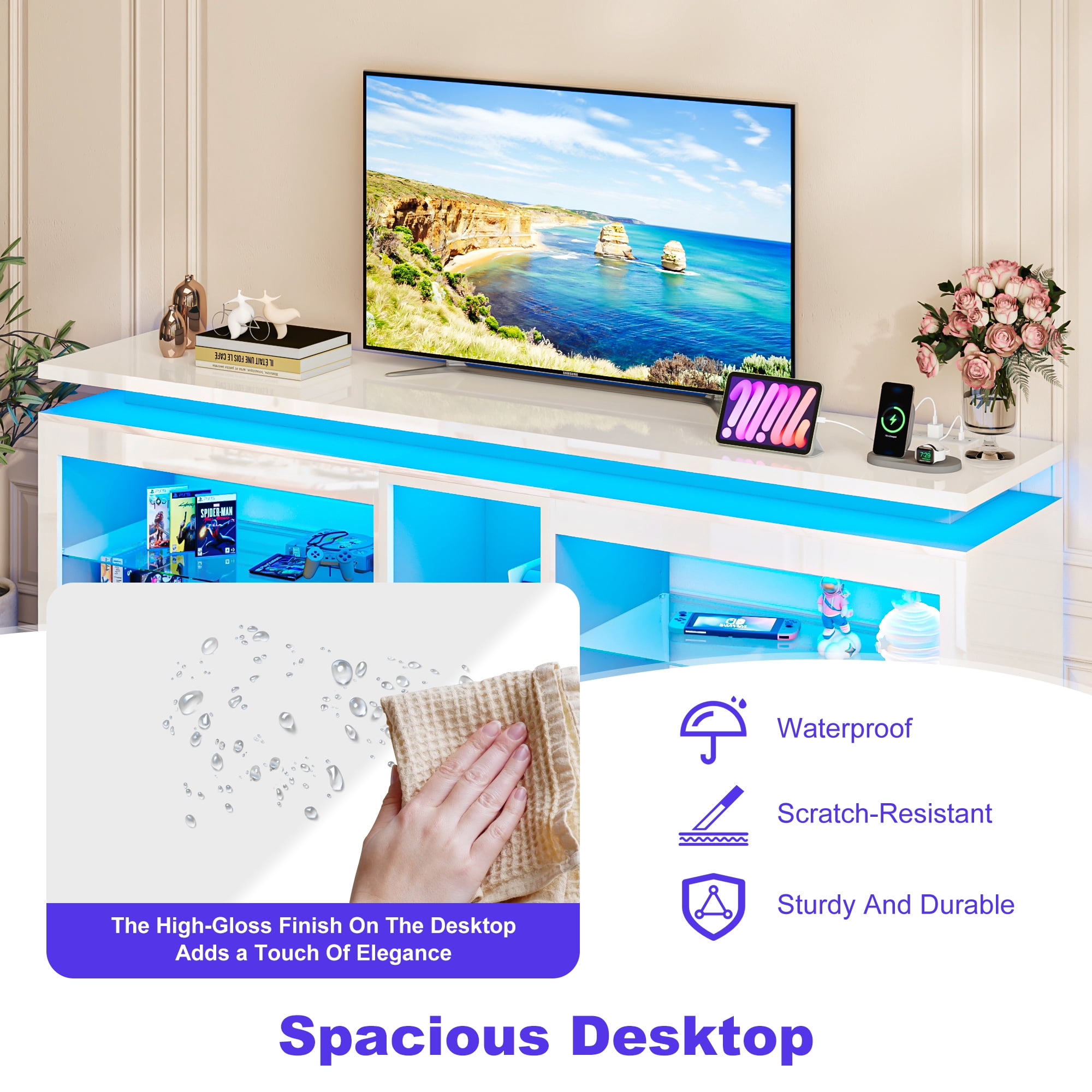 ChVans 80 Inch LED TV Stand with Charging Station,Modern Entertainment Center High Gloss Large TV Stand with Adjustable Shelves,Gaming TV Console for 80/85/90 Inch TVs,White