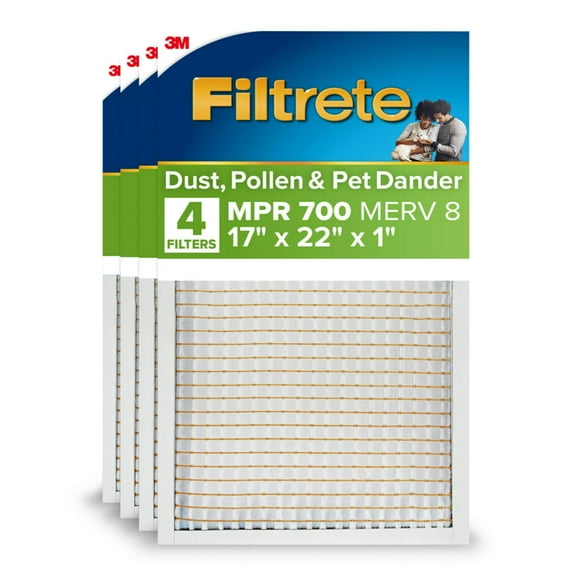 Filtrete 17x22x1 AC Furnace Air Filter MPR 700 MERV 8 Tough on Pollen Easy on Airflow 3-Month Pleated 1-Inch Electrostatic Air Cleaning Filter 4-Pack (Actual Size 16.69 x 21.69 x 0.81 in)