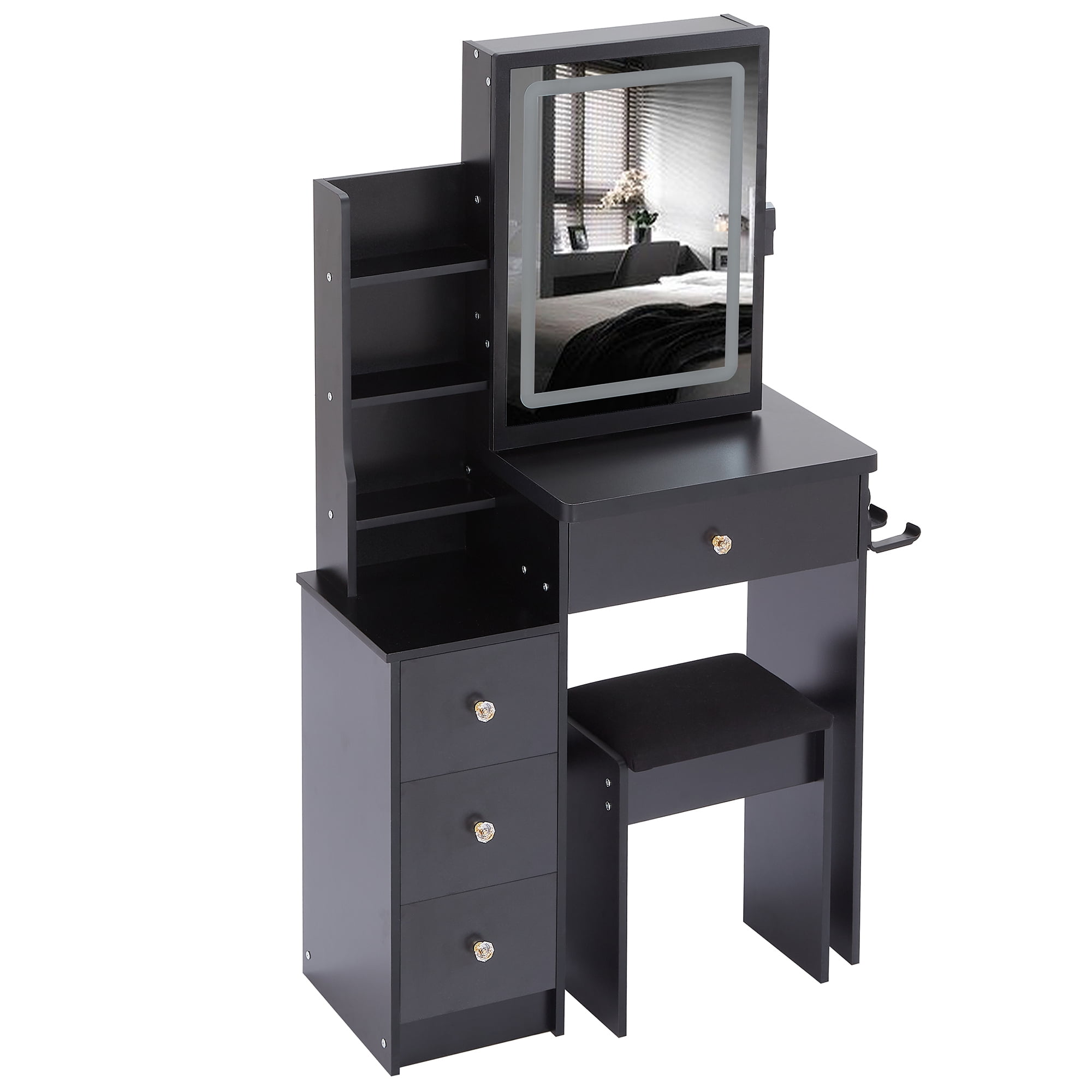 Bedside Cabinet Vanity Table + Cushioned Stool Extra Large Touch Control Sliding LED Mirror with Hair dryer bracket