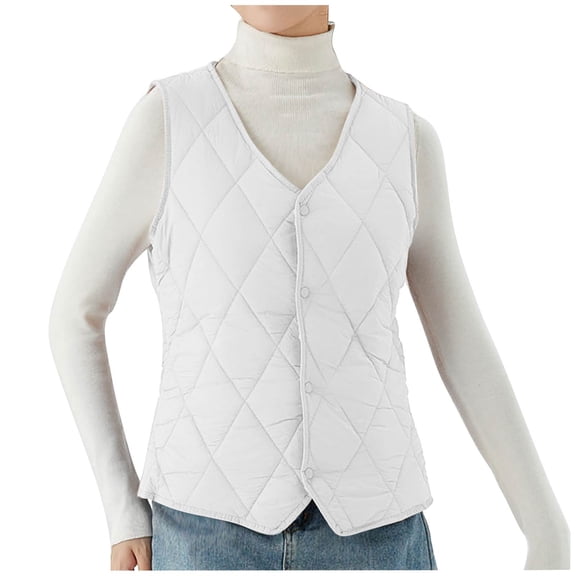 Wlynlyn Plus Size Quilted Vest for Women Sleeveless Puffer Jakcets V Neck Lightweight down Coat Outwear(White,X-Large)