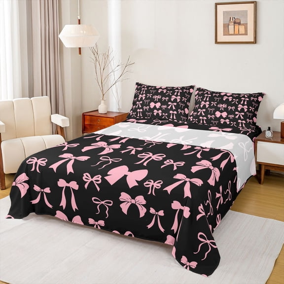 jejeloiu Cartoon Bow Knot Twin Sheet Sets,Pink Black Bowknot Bedding For Girl 3pcs