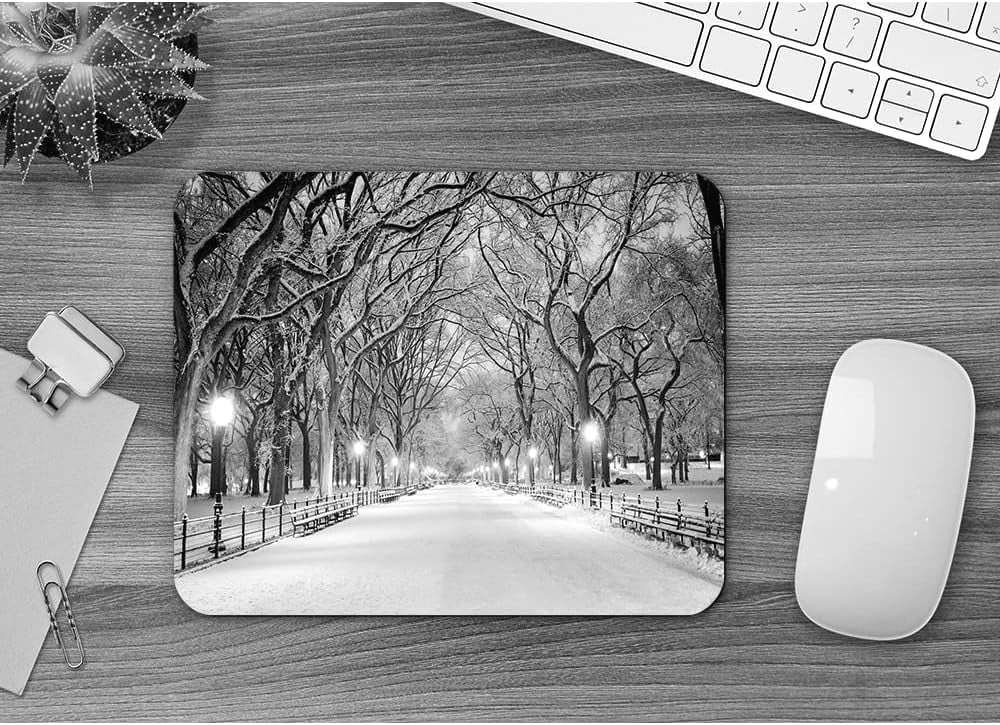 Snowstorm Non-Slip Rubber Base Mousepad Trees Street Lamps Park Snowfall Portable Office Wireless Mouse Pad for Laptop
