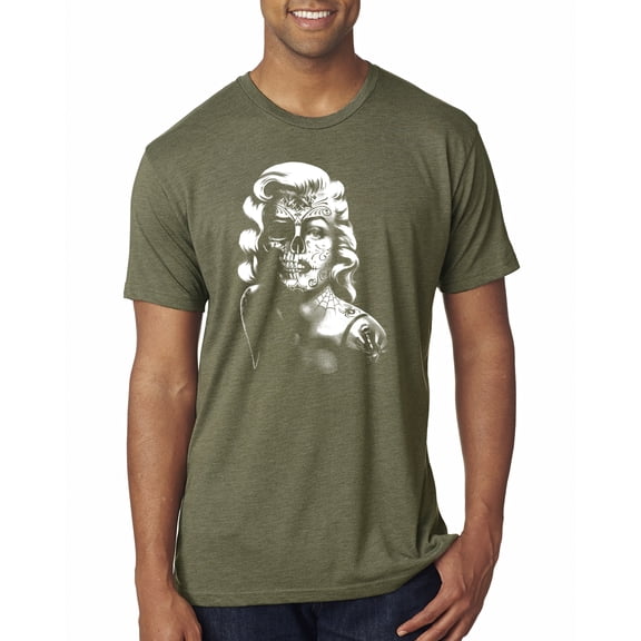 Manilyn Monroe Skull Face and Body Tattoo | Mens Pop Culture Premium Tri Blend T-Shirt, Military Green, Small