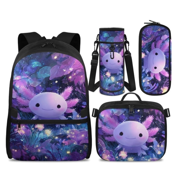 Yspwyqan Purple Floral Axolotl Kids Backpack Set 4Pcs with Lunch Box Pencil Case Water Bottle Bag, 17 Inch Double Zipper Lightweight Bookbags Fits 14" Laptop for School Travel Hiking