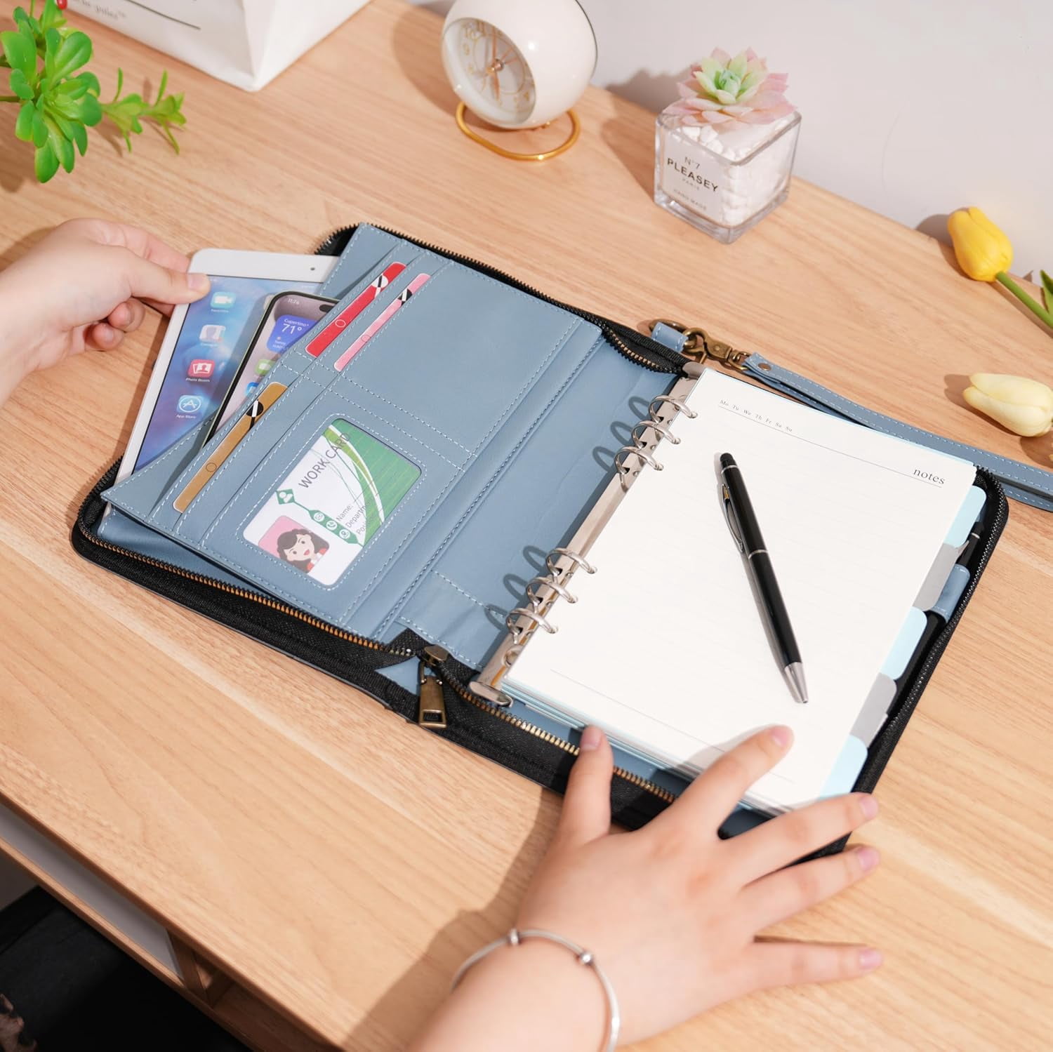 WASON Portfolio A5 Binder Journal with Zipper - Leather pu Writing Notebook Padfolio with Detachable Refillable Notebook, Legal Pad for Business Study and Travel Organizer (Misty blue)