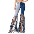 thumbnail image 2 of Purple Candy Womens Juniors Two-Tone Denim High Rise Ripped Fringe Flare Jeans (Small, Dark Blue), 2 of 4