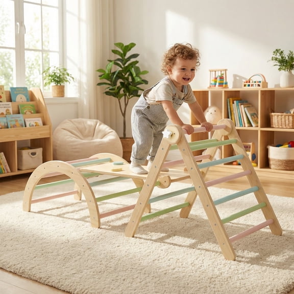 7 in 1 Set, Climbing Toys with Arch Ramp Ladder, Foldable Wooden Toddler Climbing Set for Kids 1 3 Year Old