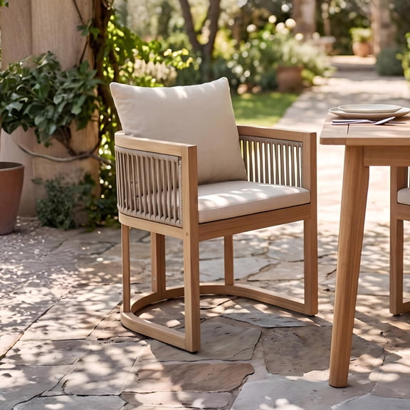 Christopher Knight Home Acacia Wood Outdoor Dining Chair with Cushions, Curved Shape, Light Teak Beige