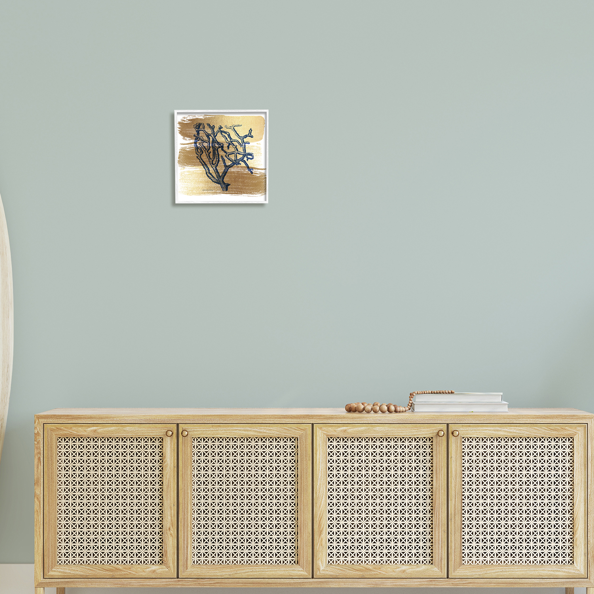Stupell Industries Azure Blue Coral Golden Patterned Background Sea Plant,12 x 12, Design by Bluebird Barn