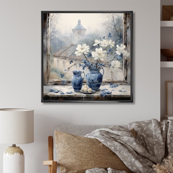 Designart "Antique Floral Window Charm in White and Blue" Farm Framed Wall Art - Country White Farm Windows Living Room Framed Canvas Art