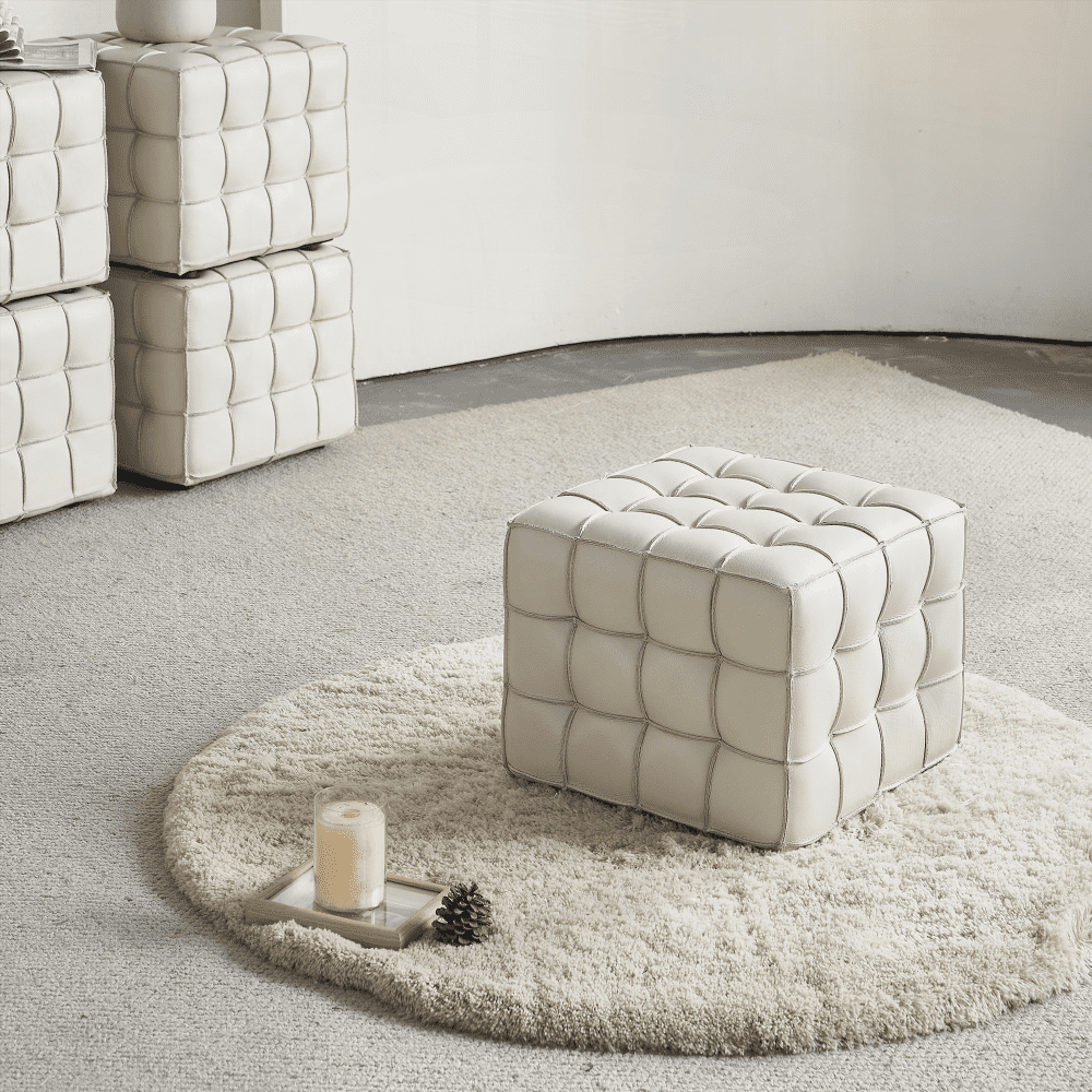 17.32''W Genuine Leather Tufted Ottoman for Living & Bedroom in Beige Color|Versatile Footstool as Extra Seat or Coffee Table