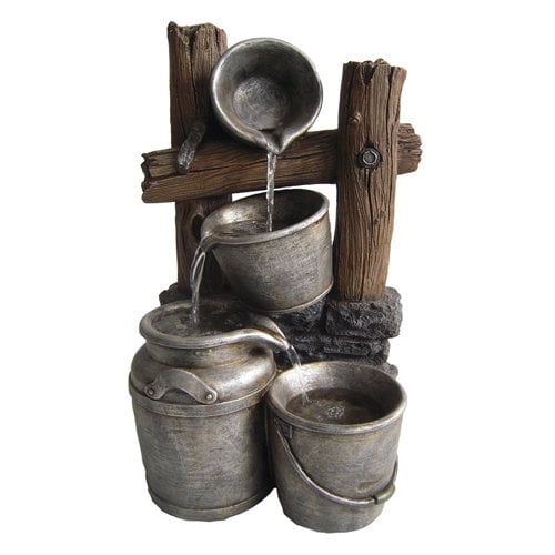 Beckett Fiberglass/Resin Pewter Metal Silver Buckets on a Fence Fountain
