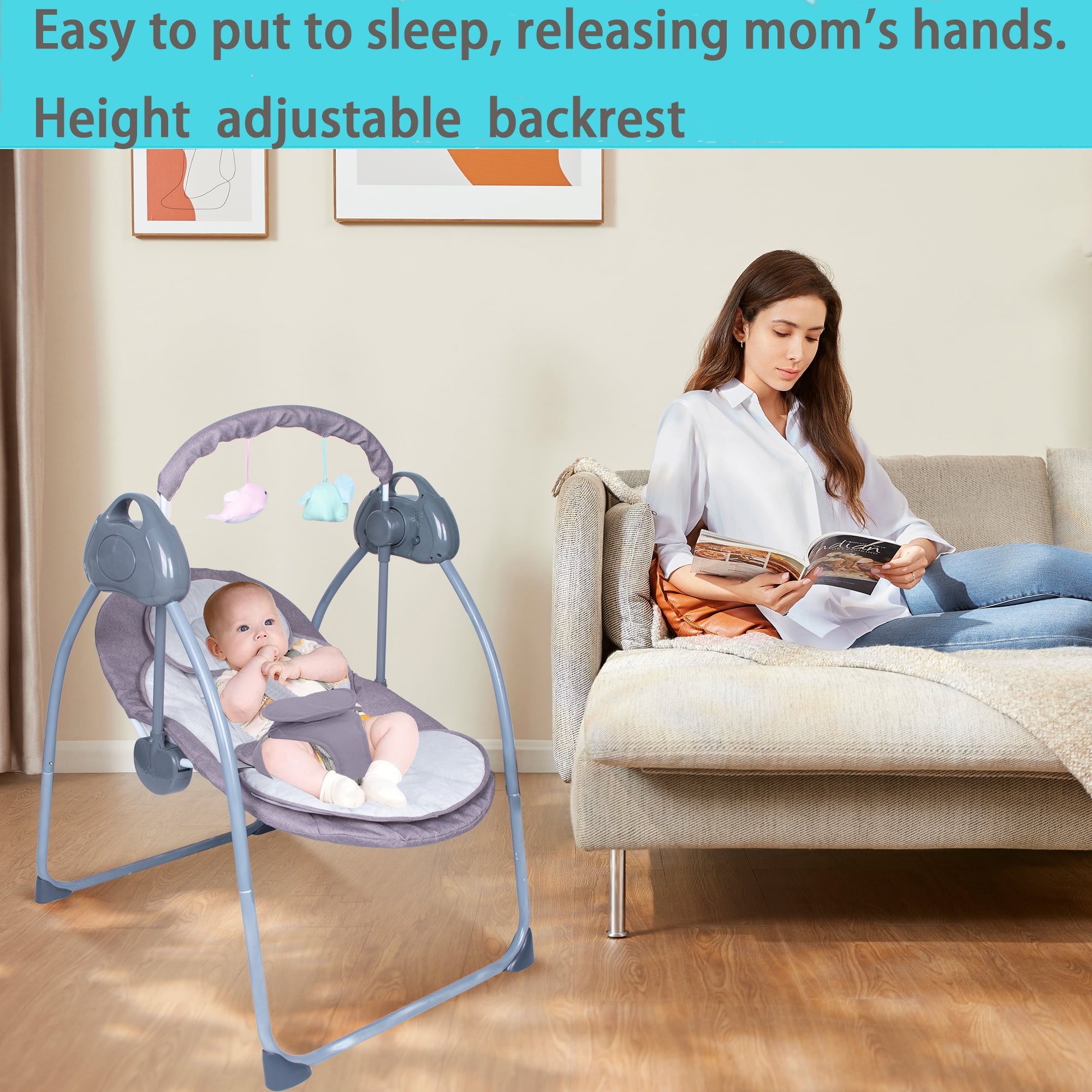 Yabanana Baby Swing with 5-Point Safety Harness, Bluetooth Control,5-Swing Speeds Settings & 3 Timing, Remote Control,(Gray)