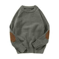 TFEOQRY Men's Vintage Crewneck Sweater Long Sleeve Elbow Patches Pullover Knitted Winter Loose Warm Tops Gray