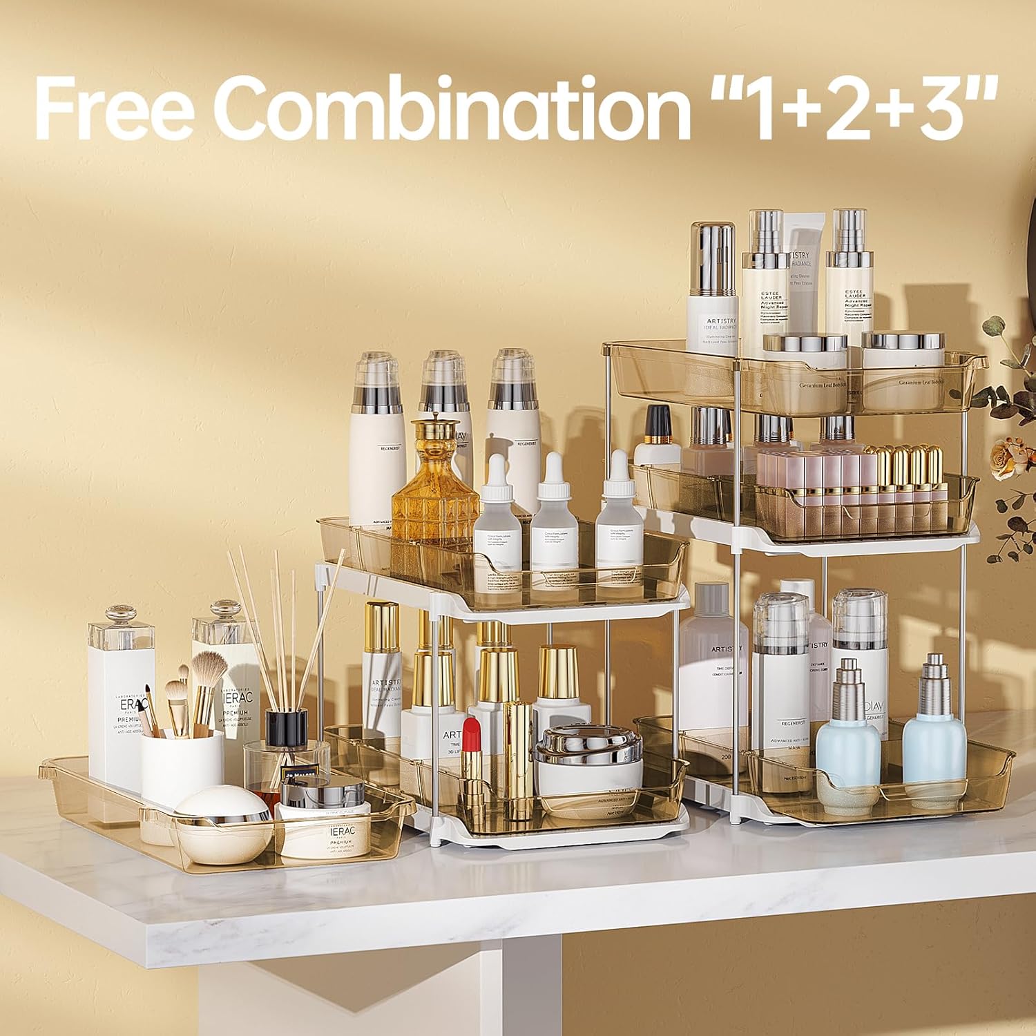 2 Pack 3-Tier Bathroom Under Sink Organizers and Storage, Multi-Purpose Stackable Pantry Organization and Storage, Pull Out Clear Kitchen Bathroom Cabinet Organizer with Movable Dividers, Amber
