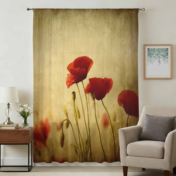 Red Poppy Flower Sheer Curtains 108" Extra Long for Living Room, Vintage Farmhouse Vintage Floral Plant Light Filtering Privacy Drapes, Semi Sheer Window Treatment for Floor to Ceiling Window