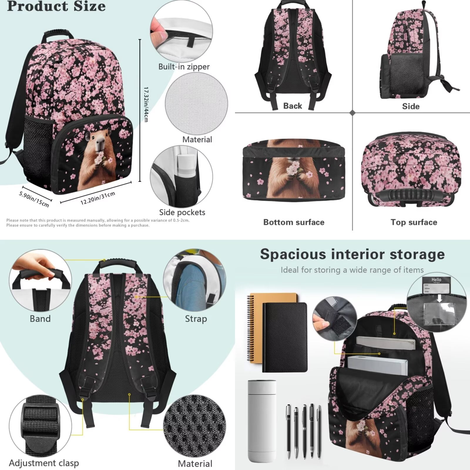 Pzuqiu Cherry Blossom Capybara Kids Backpack for School Girls Backpacks with Lunch Box Pencil Case Backpack for Kids Large Travel Daypack,17 Inch Bookbags School Bag Set of 4
