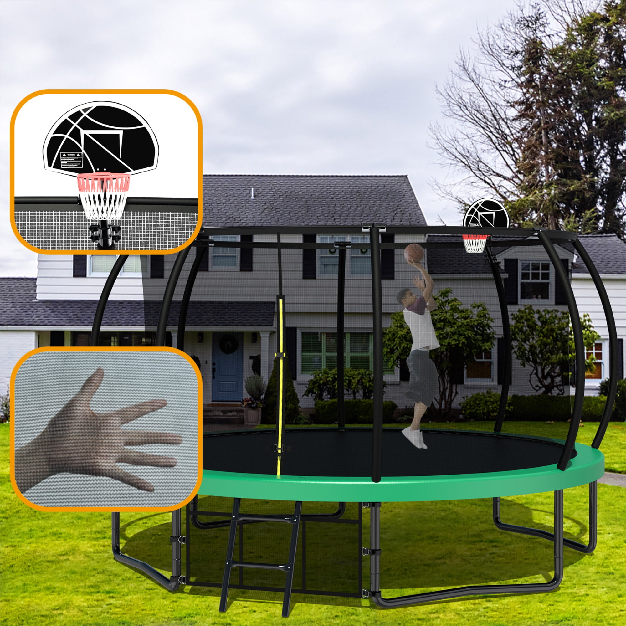 Leumius 14FT Trampoline with Basketball Hoop,Outdoor Pumpkin Recreational Trampolines with Ladder,Heavy-Duty Trampoline with Safety Enclosure for Kids and Adults,Green
