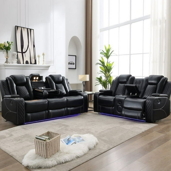 2 Pieces Power Recliner Chair Sectional Sets,Black Faux Leather 3-Seat Reclining Sofa,Loveseat Recliner Chair for Living Room Furniture Set Home Theater Seating with Speaker,USB Ports,Cup Holders