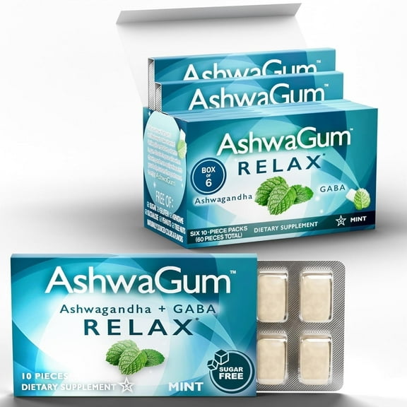 BetterGum AshwaGum Relax Ashwagandha Herbal Gum with GABA for Stress Relief, Fresh Mint, 6-Pack (10 Pieces Per Pack)
