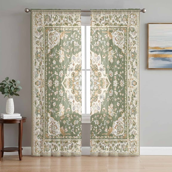 Southwestern Sage Green Sheer Curtains 63 Inch Length 2 Panels Set, Tribal Antique Boho-Chic Heritage Voile Window Treatment Curtains Sheers Drapes for Bedroom/Living Room/Kitchen 52x"63"x2