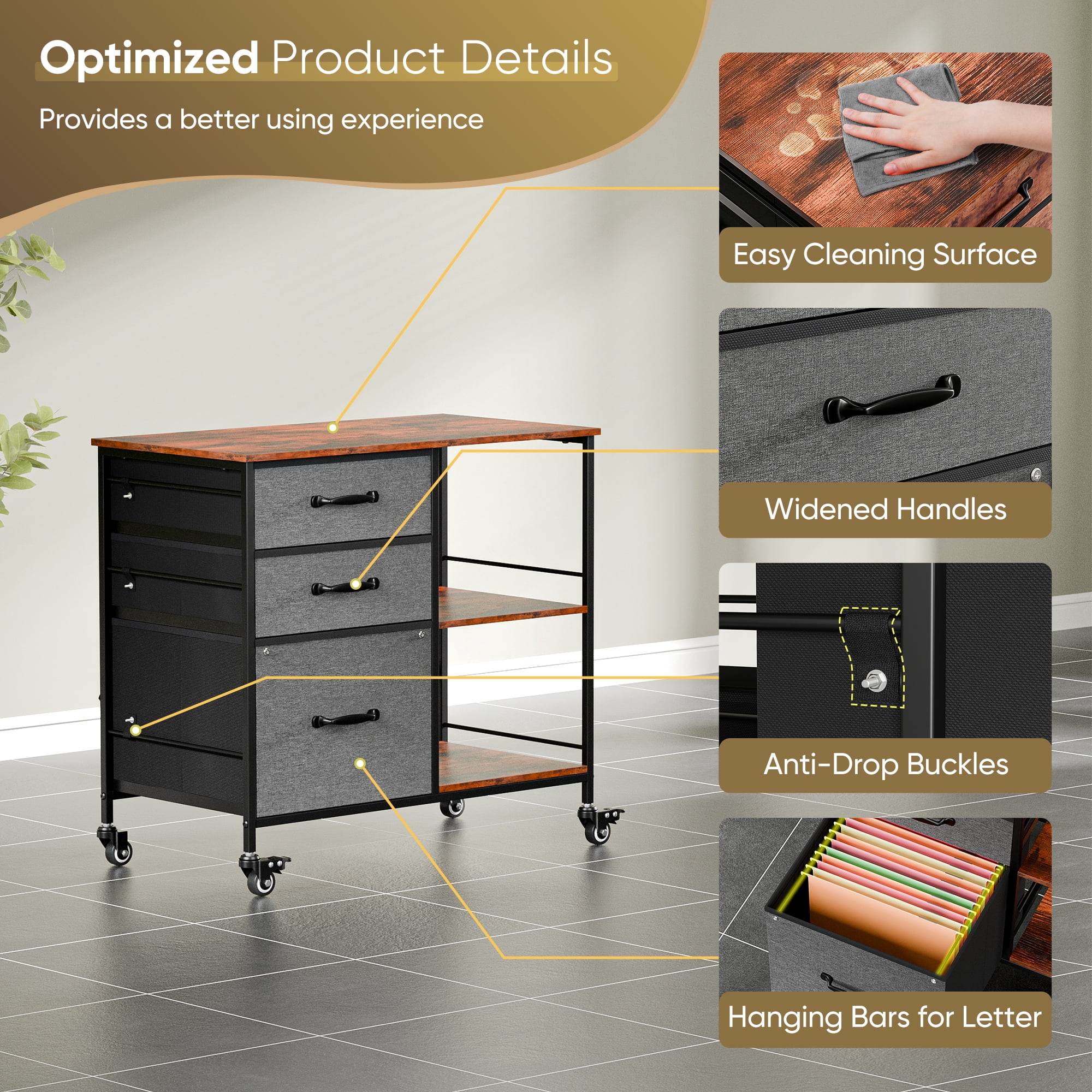 HomGarden Mobile File Cabinet, 3 Drawer Fabric Lateral Filing Cabinet fits A4, Letter Size, Printer W/Open Shelf & Lockable Wheels for Home Office, Rustic Brown