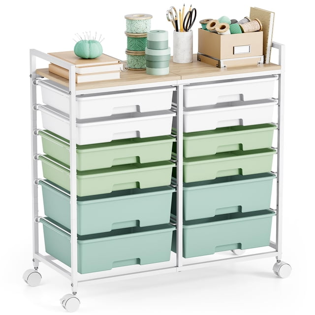 Carro de almacenamiento TOOLF de 12 cajones con tapa de madera verde